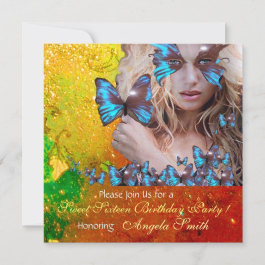 INVITATION BLEU BUTTERFLY SWEET 16 PARTY MONOGRAM, OR (Devant)