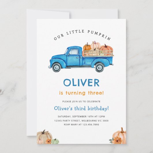 Invitation Bleu Camion & Citrouille Automne Ferme Anniversair (Devant)