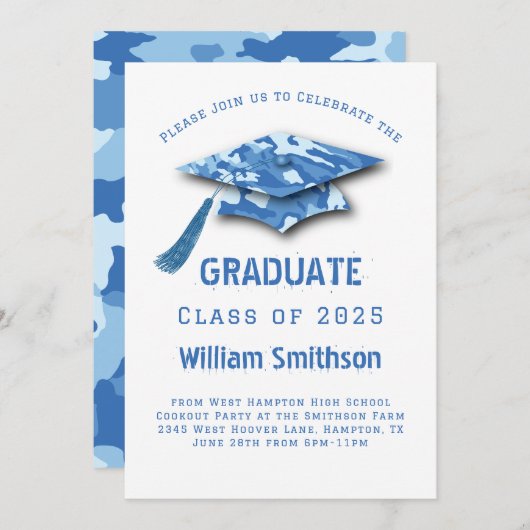 Invitation Bleu Camo Graduation Party (Devant / Derrière)