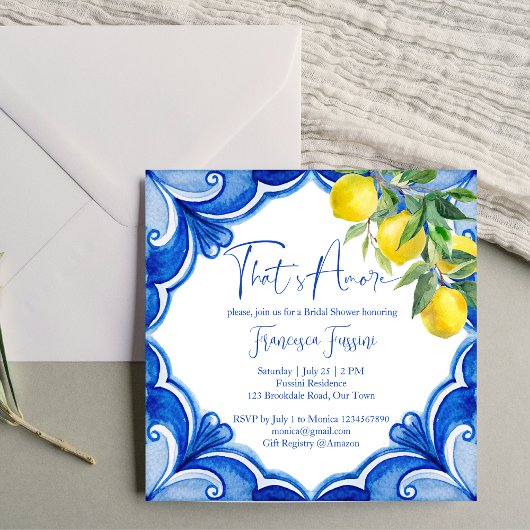 Invitation Bleu carreaux citrons italien nuptiale