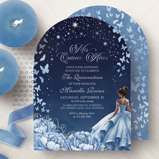 Invitation Bleu céleste princesse argent Quinceanera
