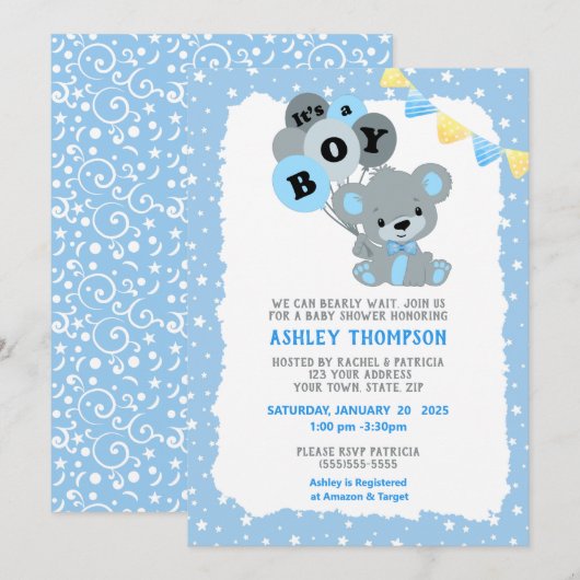Invitation Bleu C'est un Baby shower de ballons d'ours (Devant / Derrière)