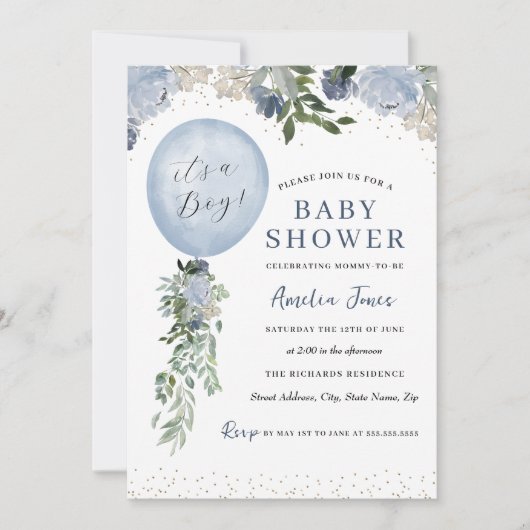 Invitation Bleu C'est un Baby shower de balloon garçon (Devant)