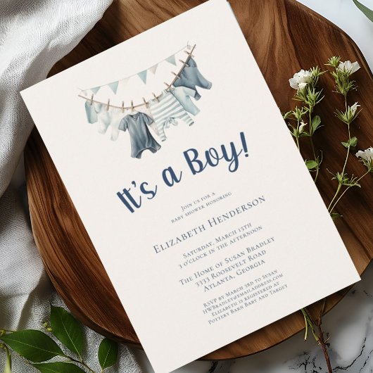 Invitation Bleu C'est un Baby shower de linge de maison