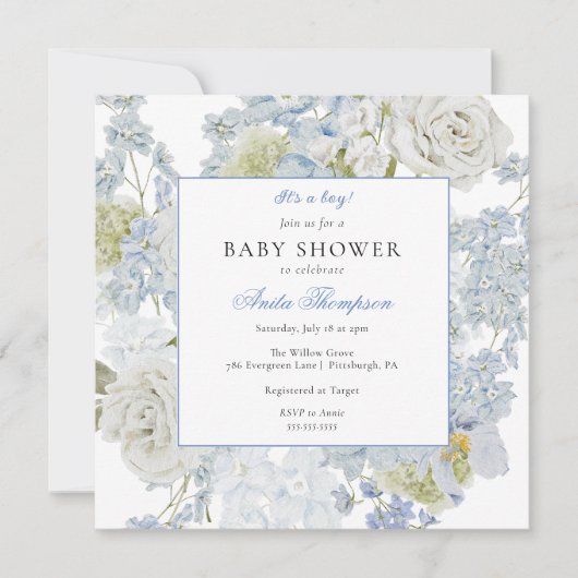 Invitation Bleu C'est un garçon Baby shower Floral Bow (Devant)