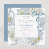 Invitation Bleu C'est un garçon Baby shower Floral Bow (Devant / Derrière)
