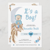 Invitation Bleu C'est un garçon Boho Bear Lune Baby shower (Devant / Derrière)