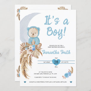 Invitation Bleu C'est un garçon Boho Bear Lune Baby shower
