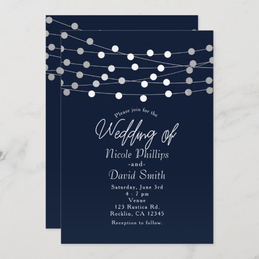 Invitation Bleu Chaîne Lumière Mariage moderne chic (Devant / Derrière)