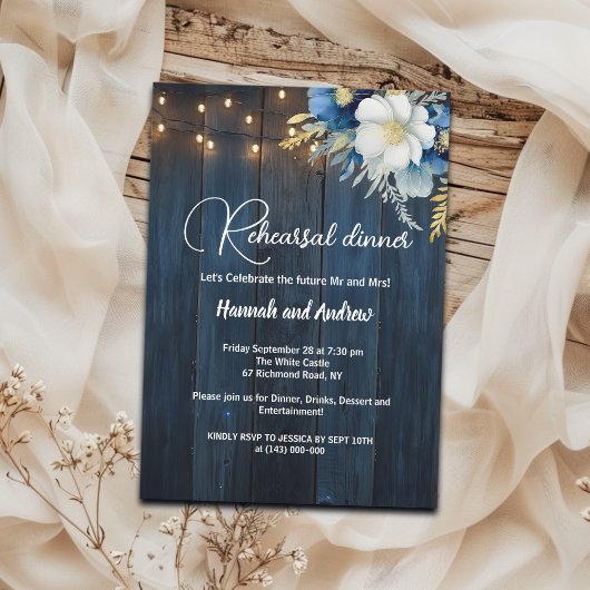 Invitation Bleu Chaîne Lumières 'Dîner de répétition' Mariage
