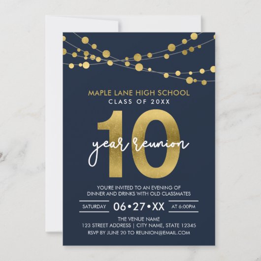 Invitation Bleu Chaînes lumineuses Réunion de classe de dix a (Devant)