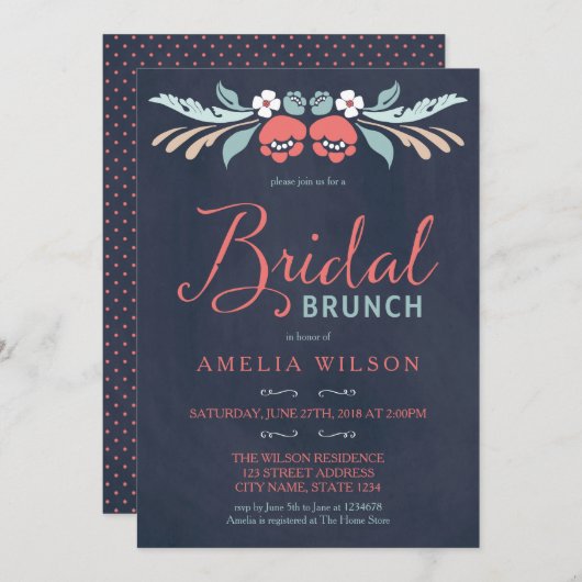 Invitation Bleu Chalkboard Floral Bridal Brunch (Devant / Derrière)