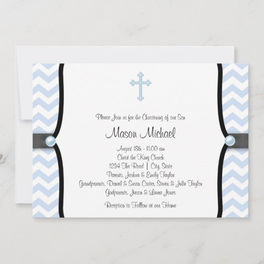 Invitation Bleu Chevron Christening (Devant)