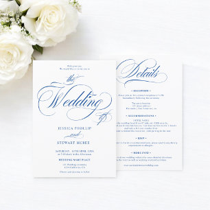 Invitation Bleu chic blanc tout en un mariage de calligraphie