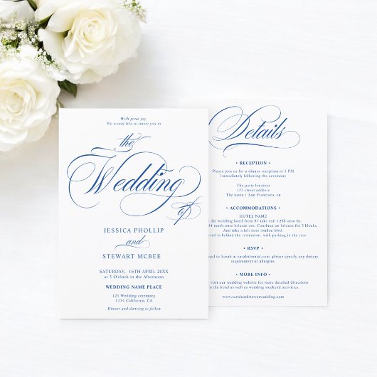 Invitation Bleu chic blanc tout en un mariage de calligraphie