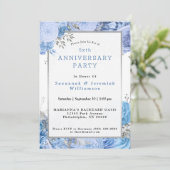 Invitation Bleu Chic Fleurs Argentées Personnalisable Anniver (Debout devant)