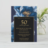 Invitation Bleu Chic Floral Noir Et Or 50e Anniversaire (Debout devant)