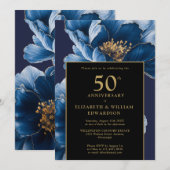 Invitation Bleu Chic Floral Noir Et Or 50e Anniversaire (Devant / Derrière)