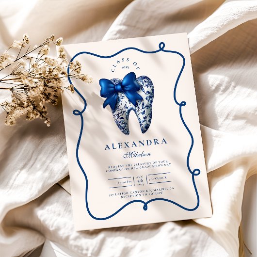 Invitation Bleu Chinoiserie Bow Dentist Graduation