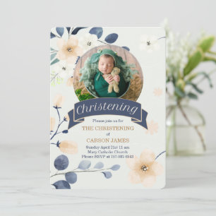 Invitation Bleu Christening pour bébé garçon Fleurs jaunes