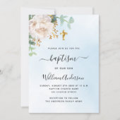 Invitation Bleu ciel fleuri eucalyptus garçon croiser baptême (Devant)