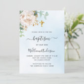 Invitation Bleu ciel fleuri eucalyptus garçon croiser baptême (Debout devant)