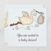 Invitation Bleu cigogne bébé garçon douche (Devant / Derrière)