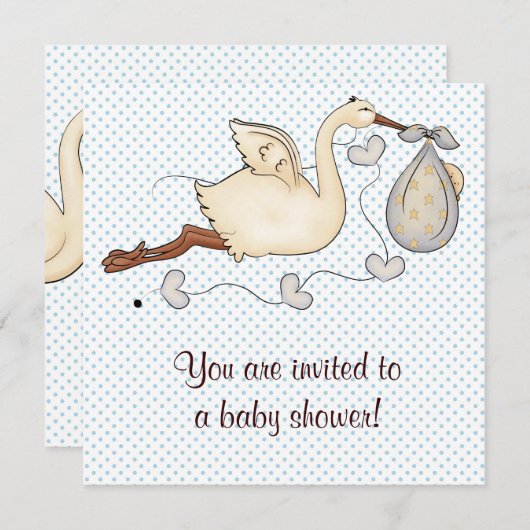 Invitation Bleu cigogne bébé garçon douche (Devant / Derrière)