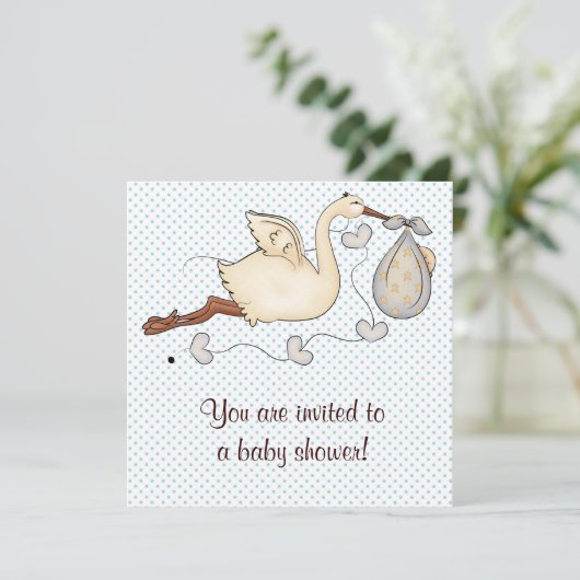 Invitation Bleu cigogne bébé garçon douche (Debout devant)