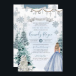 Invitation Bleu clair Argent hiver neige douce 16 Anniversair<br><div class="desc">Parties scintillant d'argent flocons de neige, de beaux ornements d'argent, des cadeaux enveloppés de papier et de rubans de fantaisie, et une disposition à feuillage persistant avec une fille dans une robe de coing bleu glace. Ce design est GORGEOUS et parfait pour vos fêtes de Sweet sixteen d'hiver. Voir la...</div>