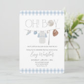 Invitation bleu clair baseball Oh, baby shower garçon invitat (Debout devant)