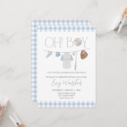 Invitation bleu clair baseball Oh, baby shower garçon invitat (Devant/Arrière en situation)