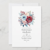 Invitation Bleu clair, Bleu Duché et Mariage Floral Bourgogne (Devant)