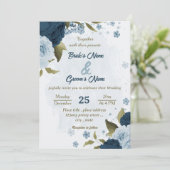 Invitation bleu clair bleu marine bleu fleurs mariage botaniq (Debout devant)