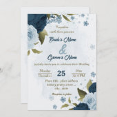 Invitation bleu clair bleu marine bleu fleurs mariage botaniq (Devant / Derrière)