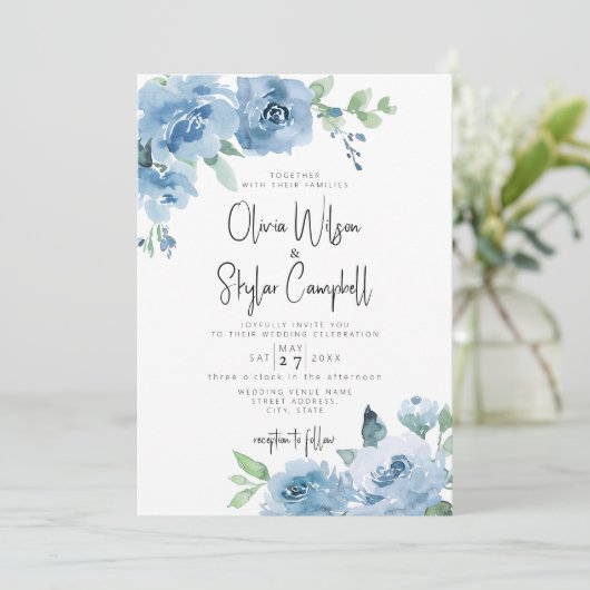 Invitation Bleu clair Boho Floral QR Code Tout en un Mariage (Debout devant)