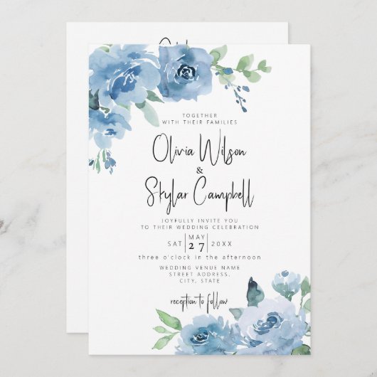 Invitation Bleu clair Boho Floral QR Code Tout en un Mariage (Devant / Derrière)