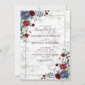 Invitation Bleu clair Bourgogne Mariage Floral Or (Devant)