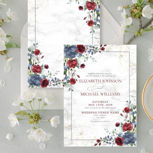 Invitation Bleu clair Bourgogne Mariage Floral Or