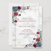 Invitation Bleu clair Bourgogne Mariage Floral Or (Devant)