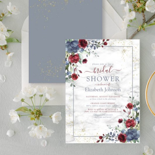 Invitation Bleu clair Bourgogne Or Floral Douche