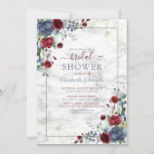 Invitation Bleu clair Bourgogne Or Floral Douche (Devant)