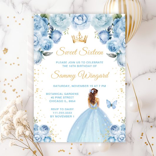 Invitation Bleu clair Brown cheveux Princesse Sweet sixteen