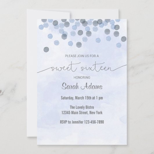 Invitation bleu-clair d'anniversaire de confettis (Devant)