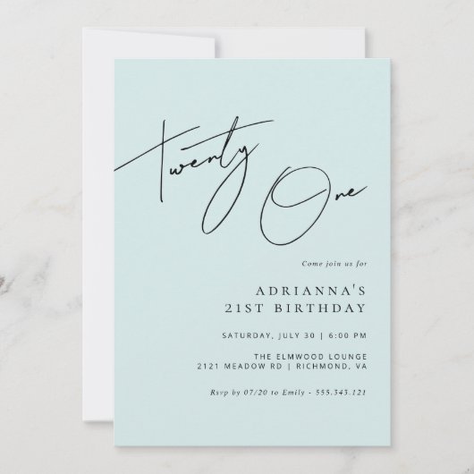 Invitation Bleu Clair | Élégant Script femmes 21e anniversair (Devant)