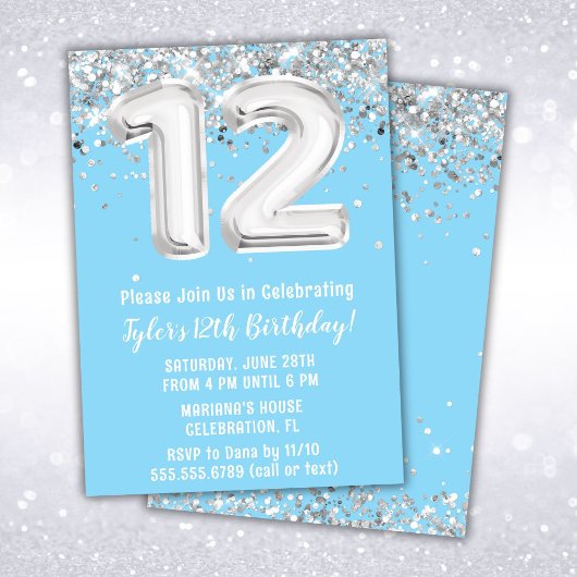 Invitation Bleu clair et argent 12e anniversaire