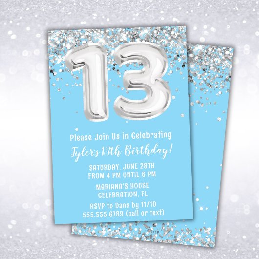 Invitation Bleu clair et argent 13e anniversaire