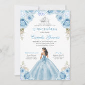 Invitation Bleu clair et argent Floral Princesse Quinceañera (Devant)
