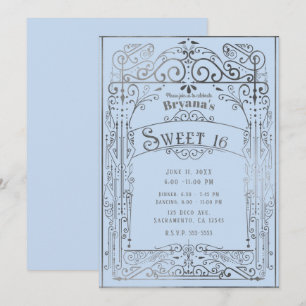 Invitation Bleu clair et argent vintage victorien doux 16