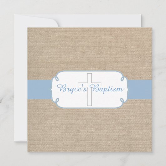 Invitation bleu-clair et beige de baptême de toile (Devant)